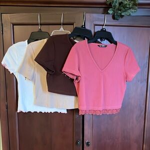 Women's V-Neck Ribbed Tops - Pink, Brown, White